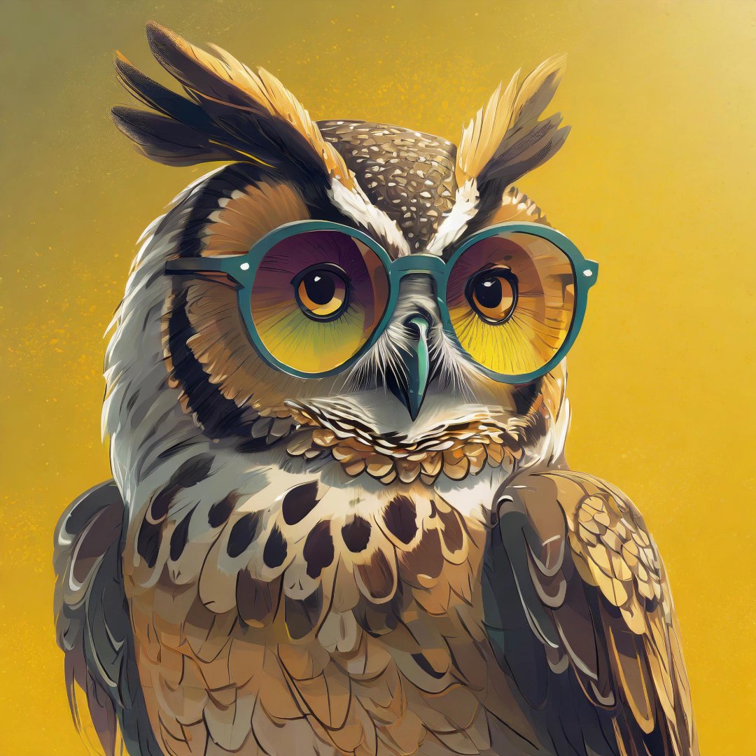 Picture of an owl with sunglasses in yellow background.